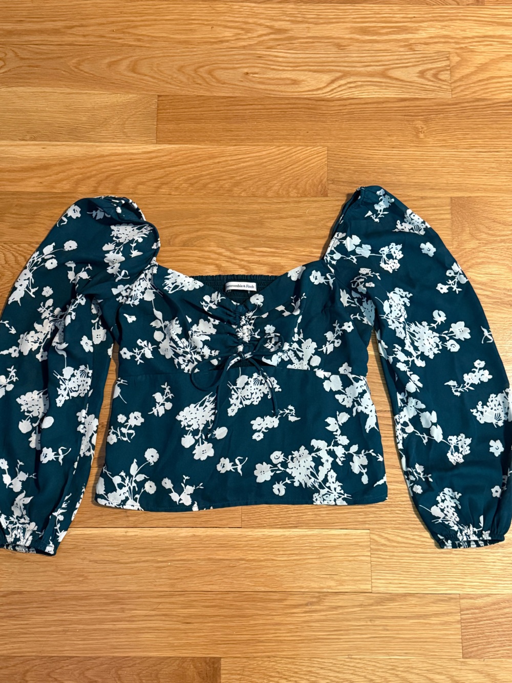 Abercrombie & Fitch Teal Floral Puff-Sleeve Peasant Top